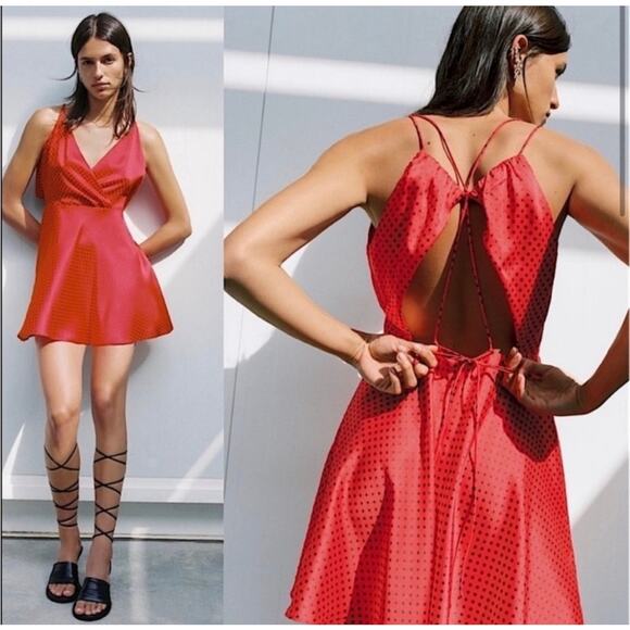 ZARA Polka Dot Red Open Crossover Back Mini Cocktail Satin Dress Preppy Summer - Picture 5 of 16